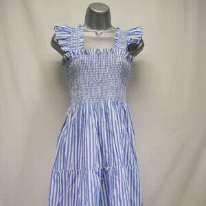 NWT Quince 100% Organic Smocked Midi Azure Stripe Dress Size Small